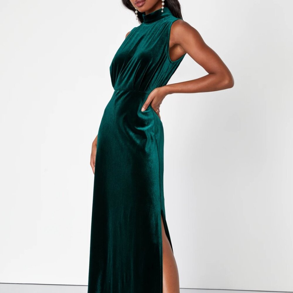 Lulus Classic Elegance Emerald Velvet Sleeveless Mock Neck Maxi Dress Green
